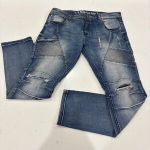 Kilogram Mens Moto Biker Jeans Blue Distressed Ribbed Denim Pants Size 40
